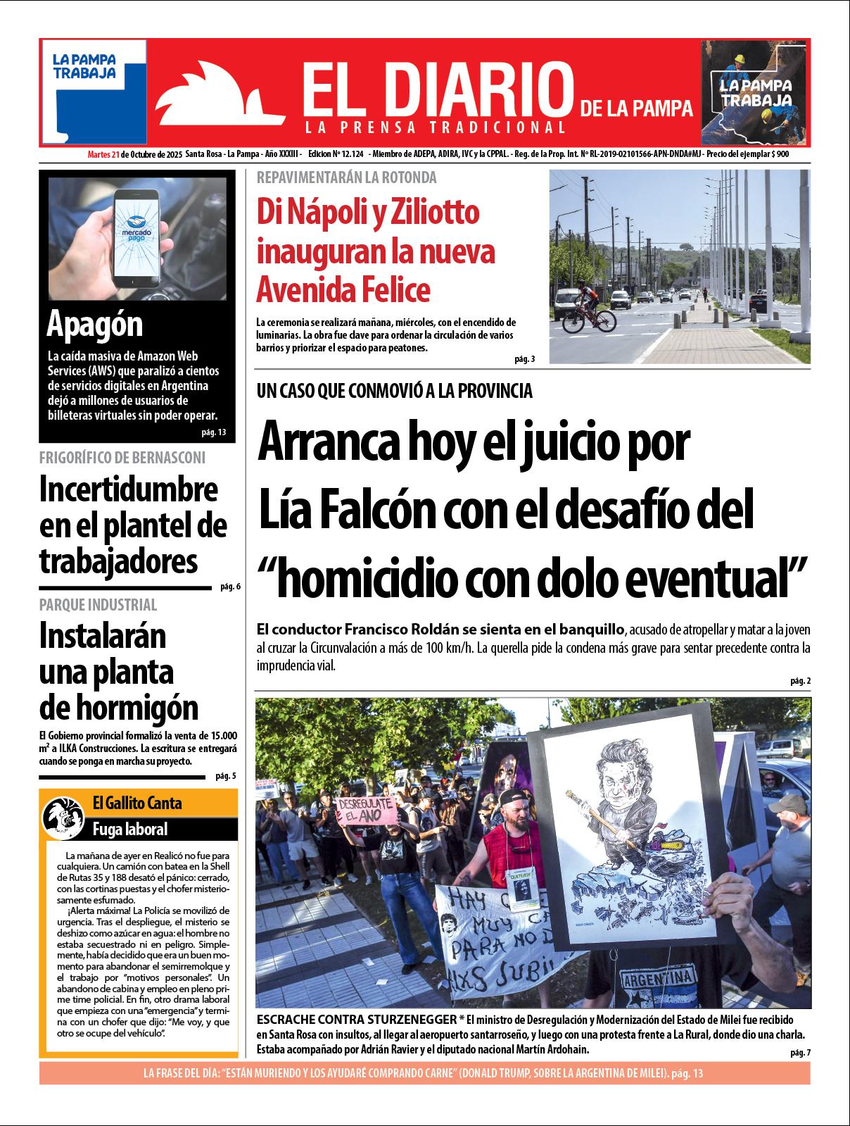 Tapa de El Diario en papel  martes 21 de octubre de 2025